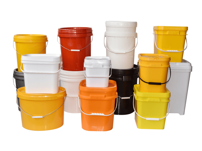 Yellow,write,orange,red,black Plastic Buckets stack together