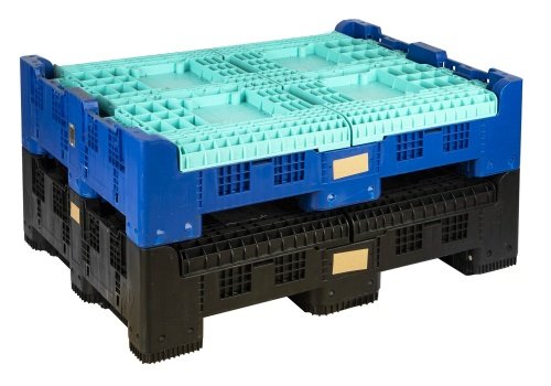 blue and black stackable plastic pallet box