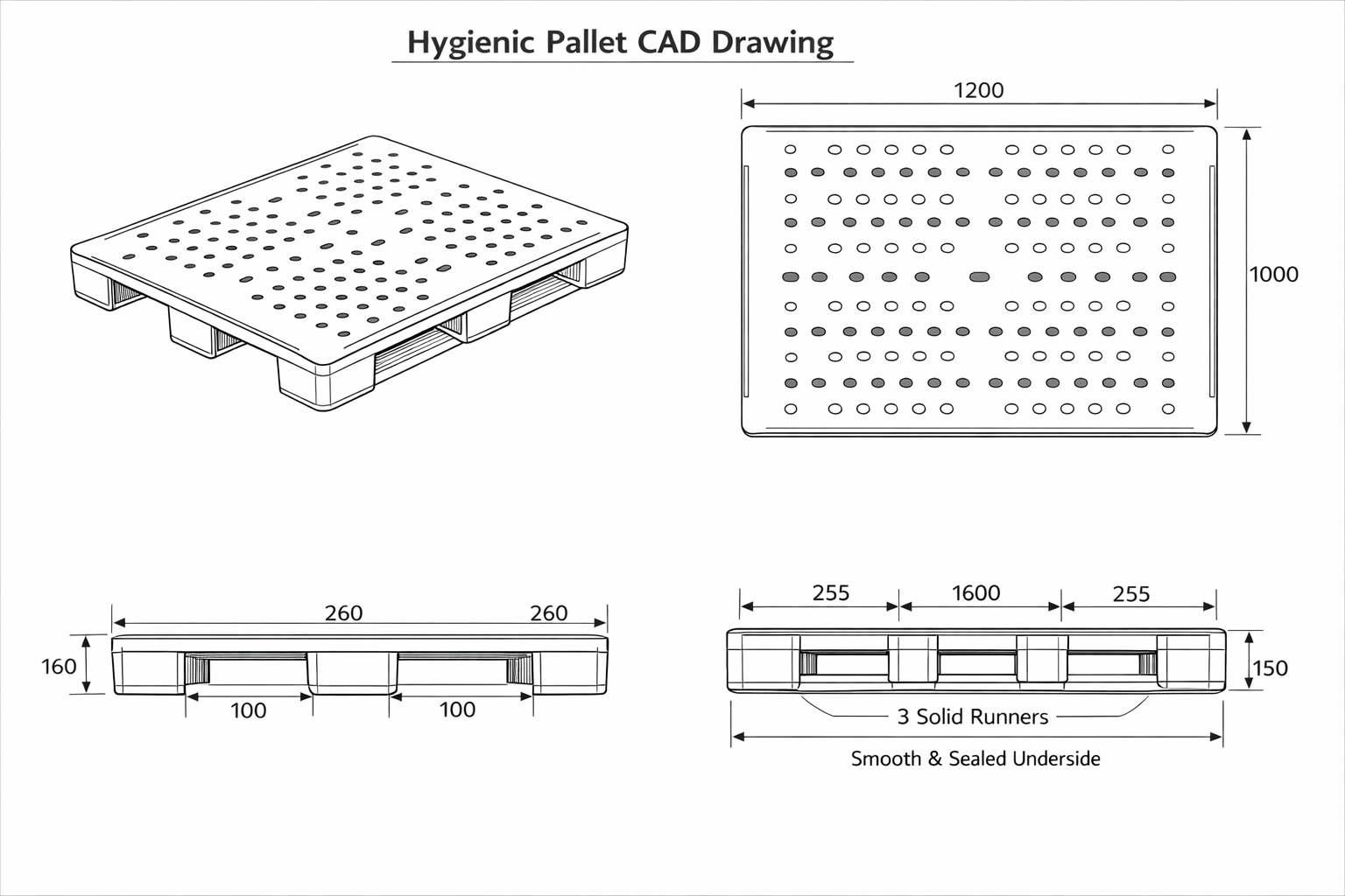 Hygienic plastic pallet with closed deck construction showing smooth surfaces and no cavities