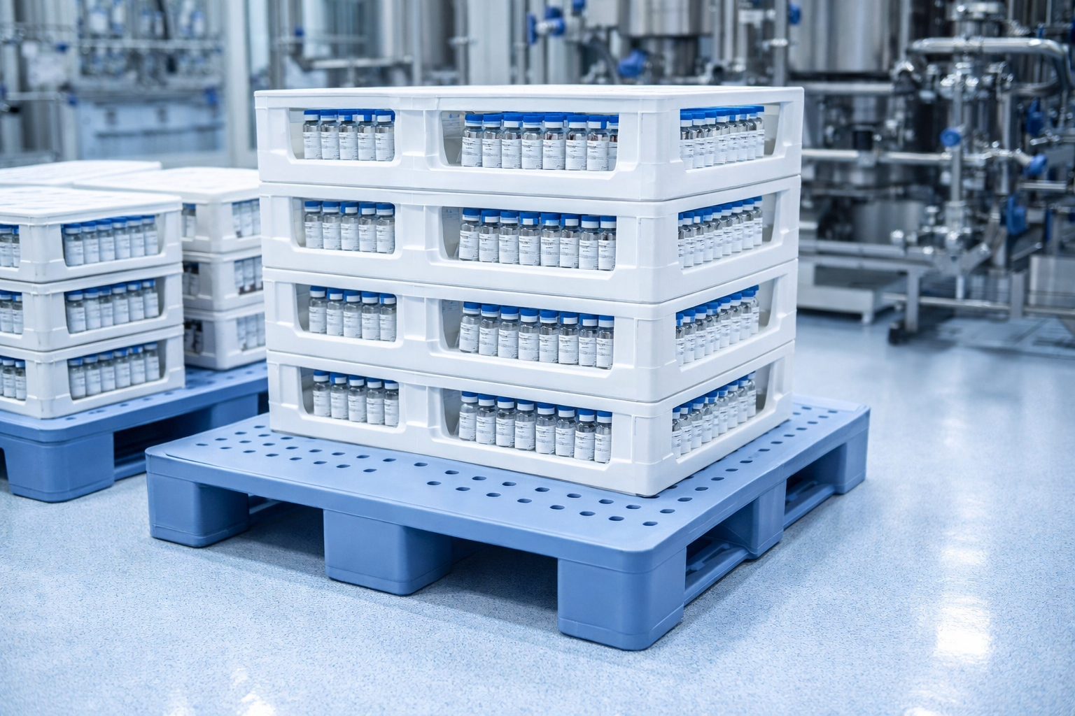 Pharmaceutical clean room with hygienic plastic pallets