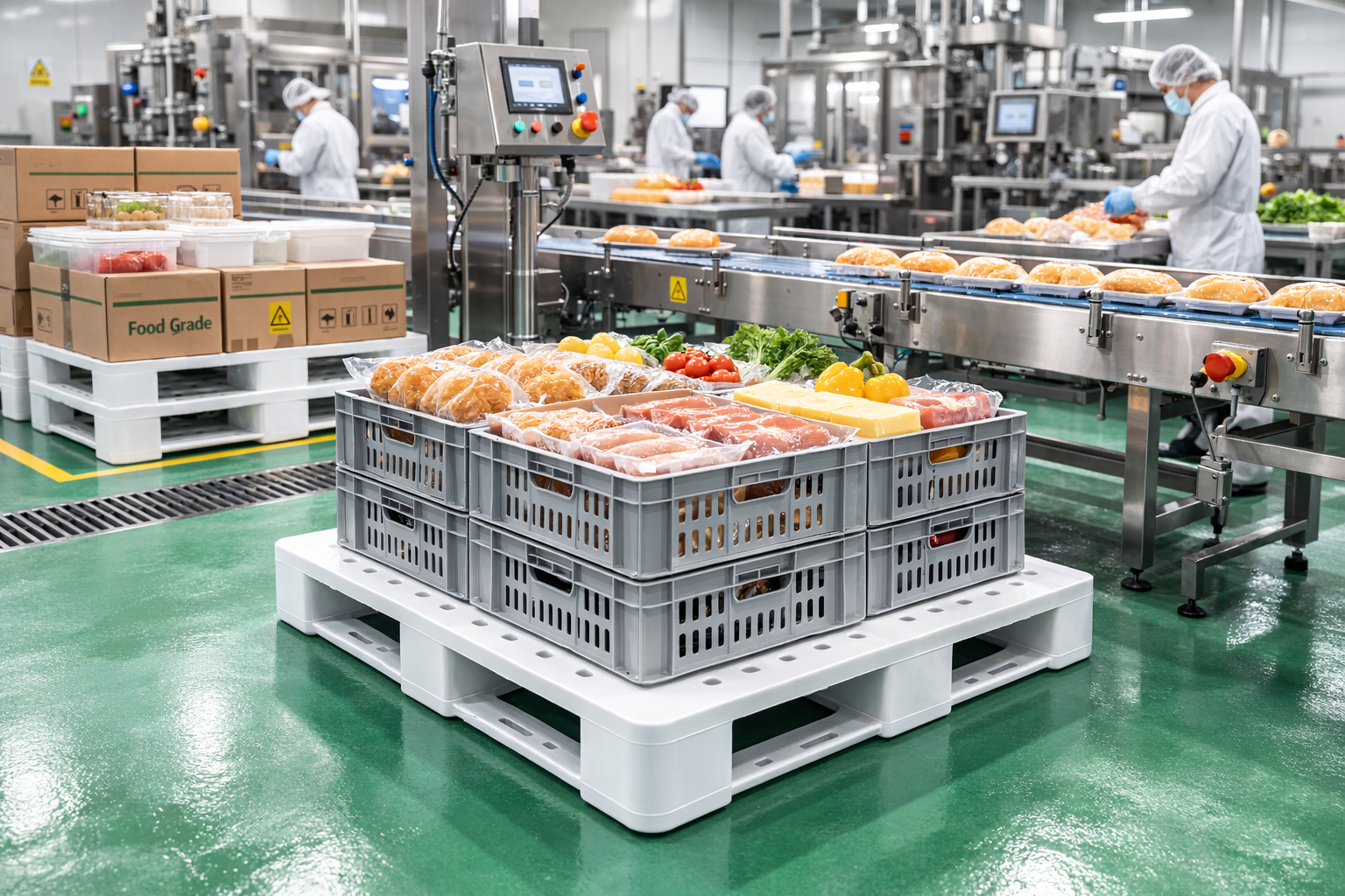 Food processing facility with hygienic plastic pallets