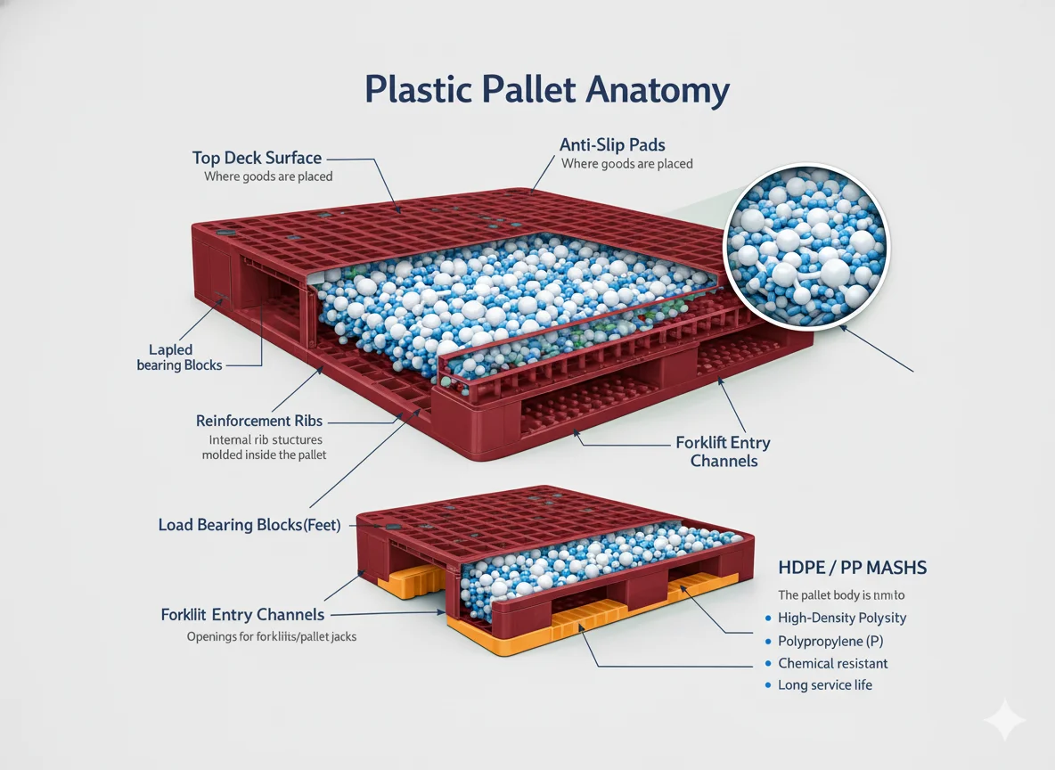 Rackable plastic pallets showing reinforced structure and beam compatibility