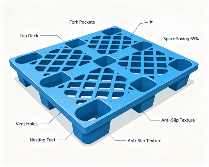 nestable plastic pallet construction showing space-saving design