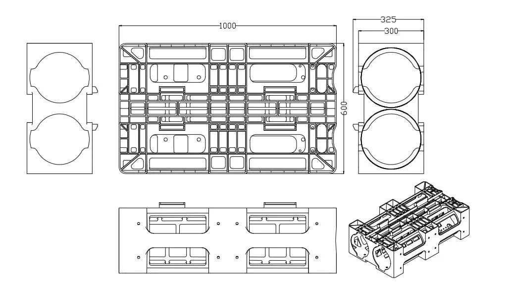 Water bottle rack technical drawing and dimensions