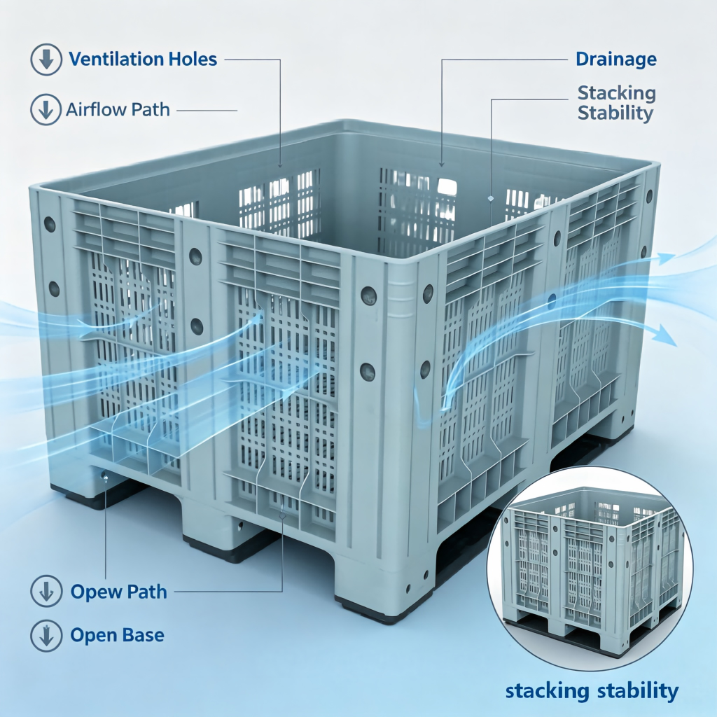 Vented plastic pallet box ventilation and airflow design